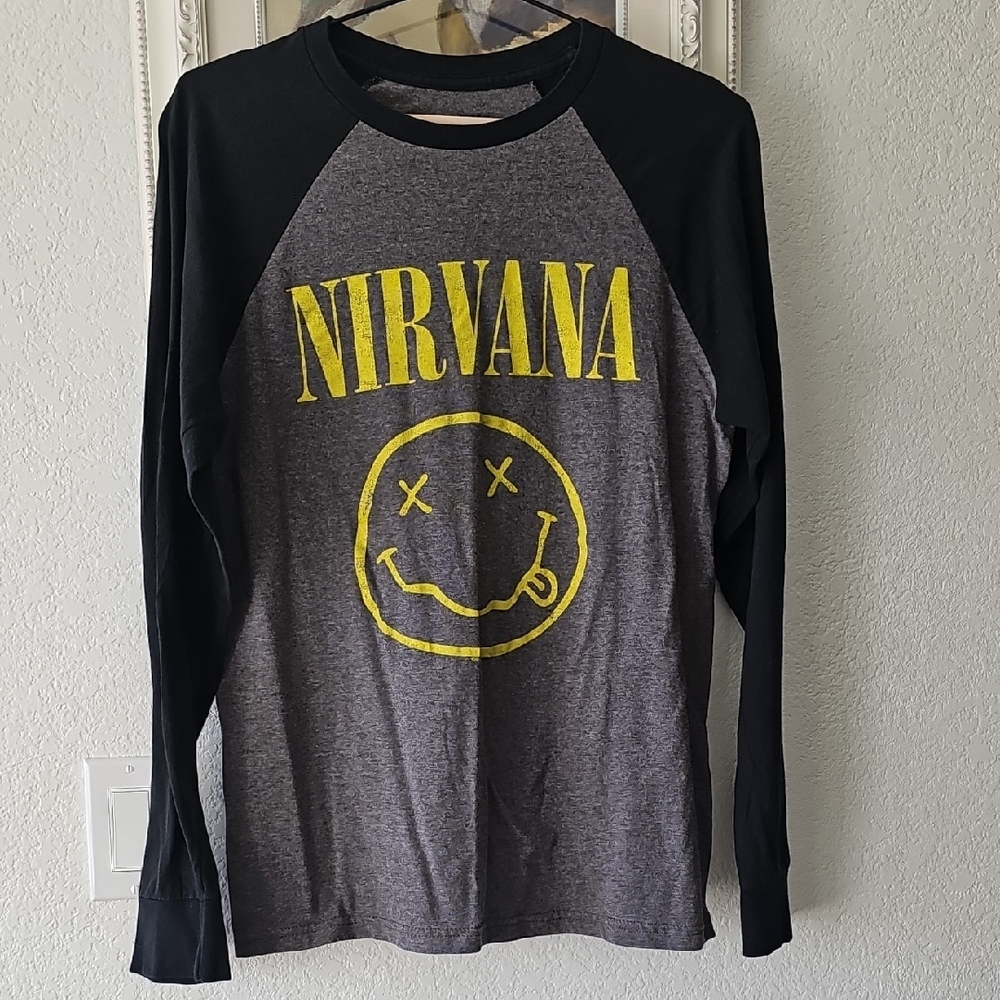 NIRVANA Yellow Happy Face Gray and Black Baseball Tee